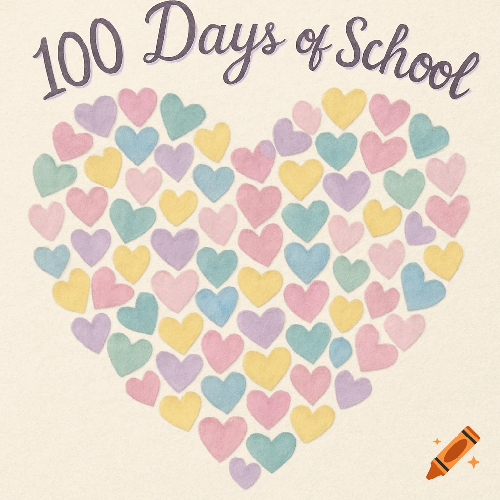 A large heart shape made of many smaller pastel-colored hearts with "100 Days of School" text above.