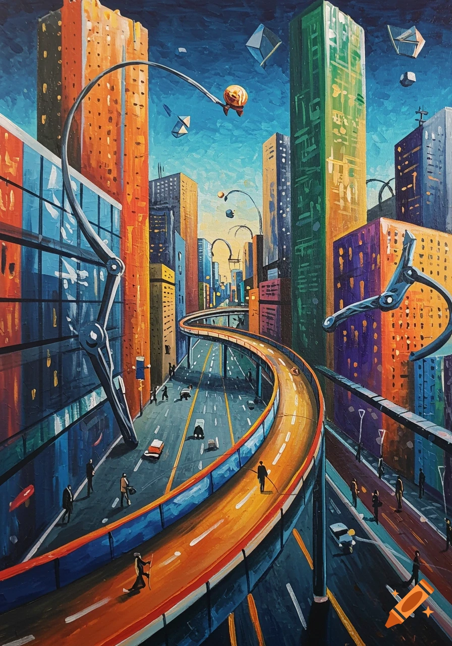 A vibrant, cubist-inspired acrylic painting of a futuristic city with tall buildings, a winding highway, and small figures.