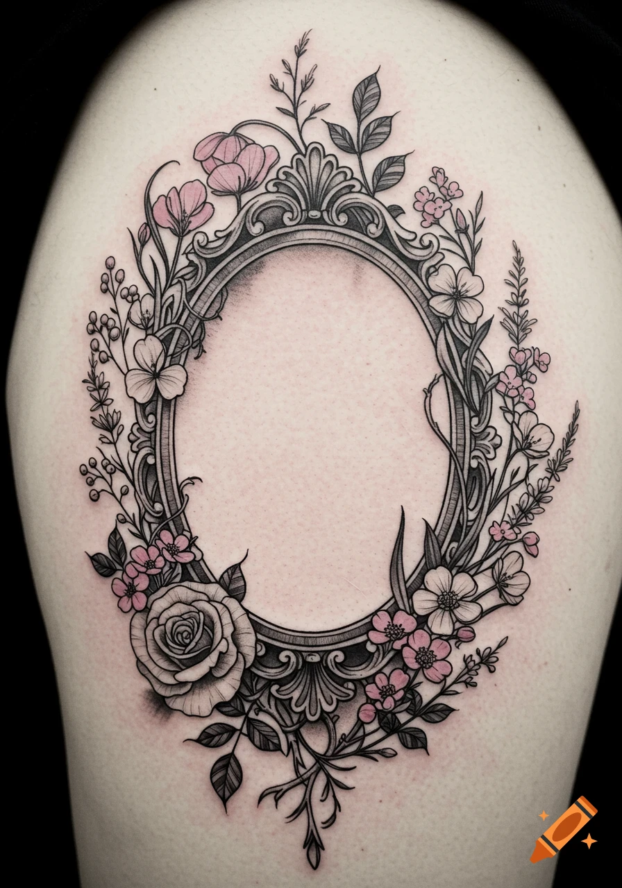 A black and gray tattoo of an ornate oval frame surrounded by delicate pink and white flowers and green leaves on skin.