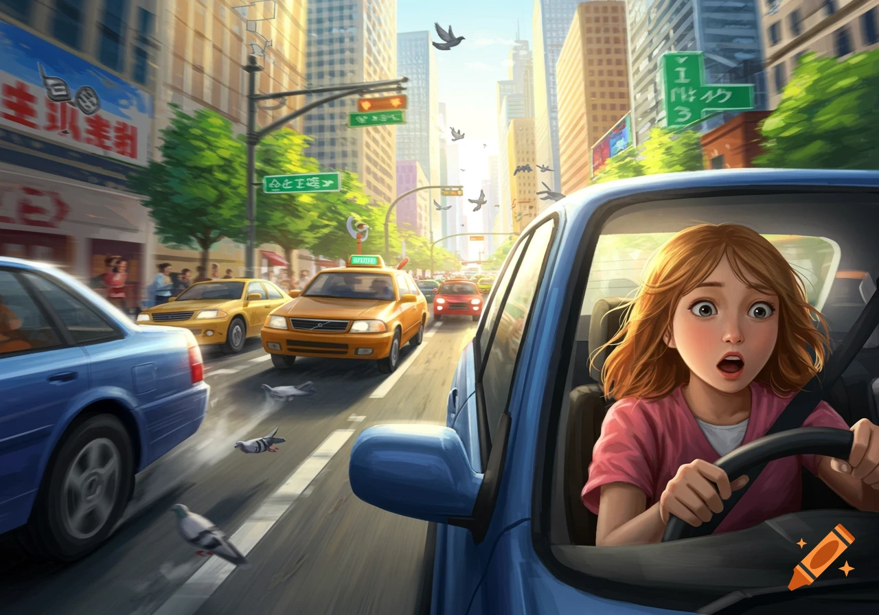 A scared young girl with auburn hair drives a blue car through a busy city street with other vehicles and pigeons.