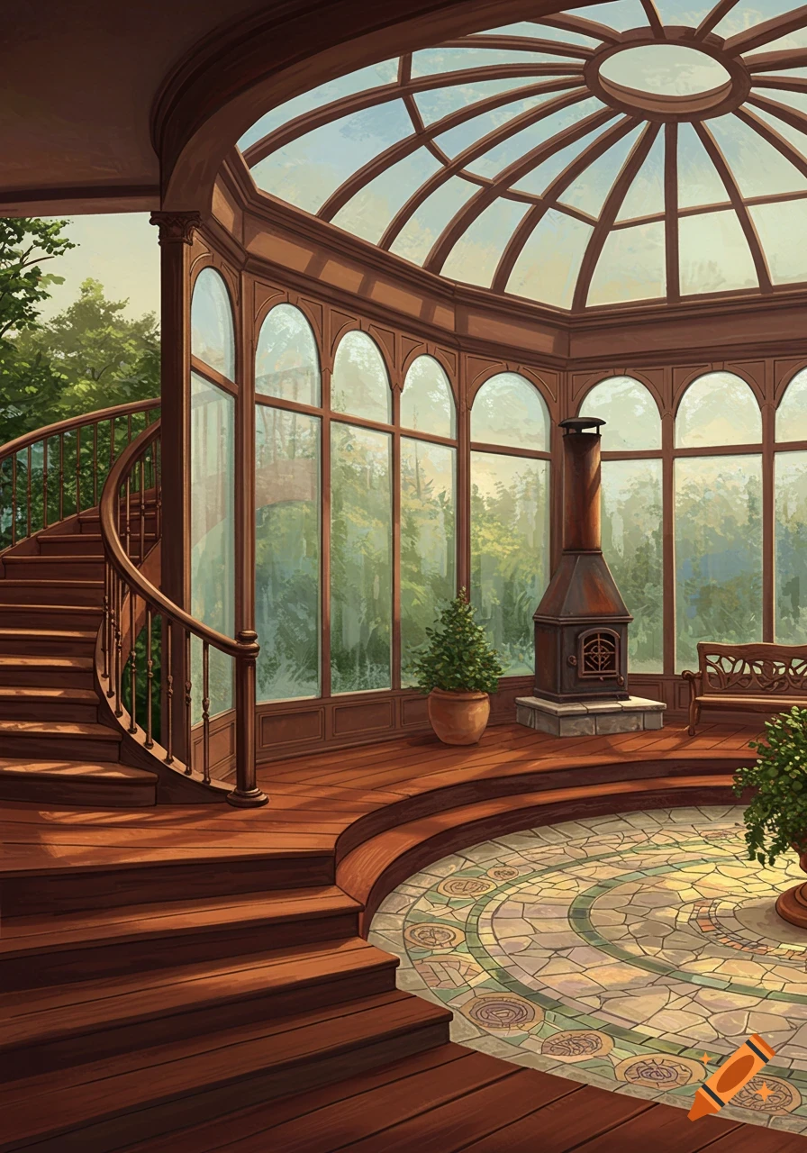 Elegant sunroom with wooden spiral staircase, large glass windows, domed ceiling, fireplace, and tiled floor, overlooking lush trees.