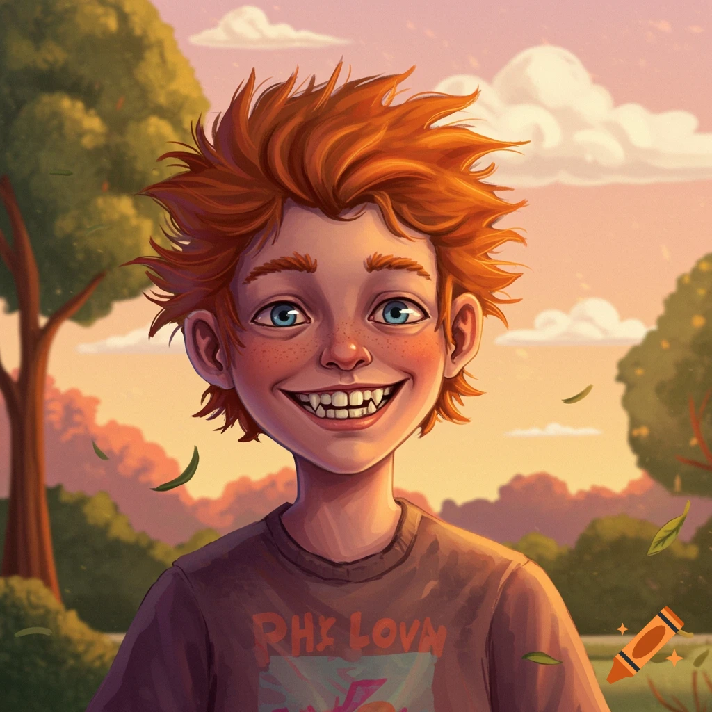 Close-up cartoon portrait of a smiling boy with spiky ginger hair, freckles, and pointy teeth, wearing a dark shirt, set against a blurry park background at sunset.