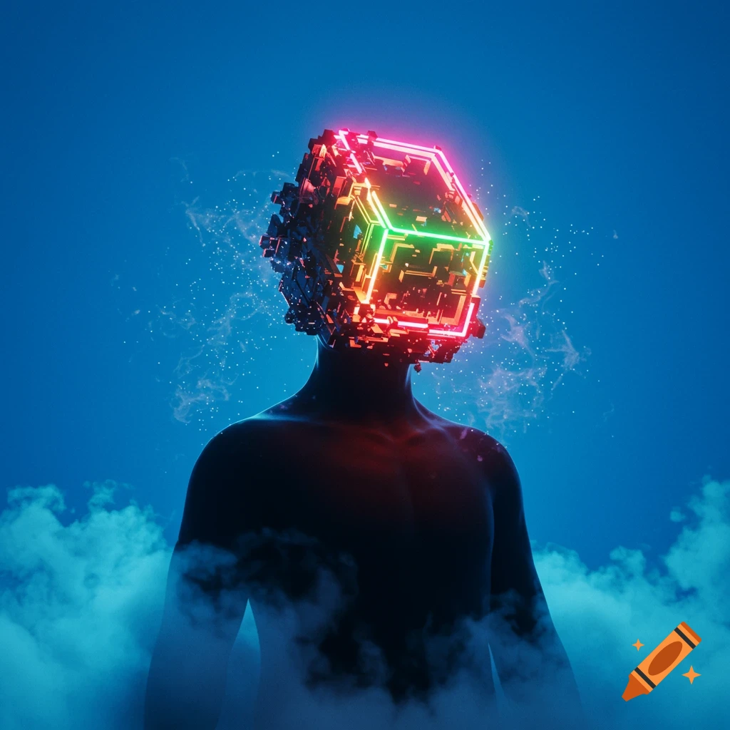 A figure with a glowing neon geometric head stands against a blue background with mist.