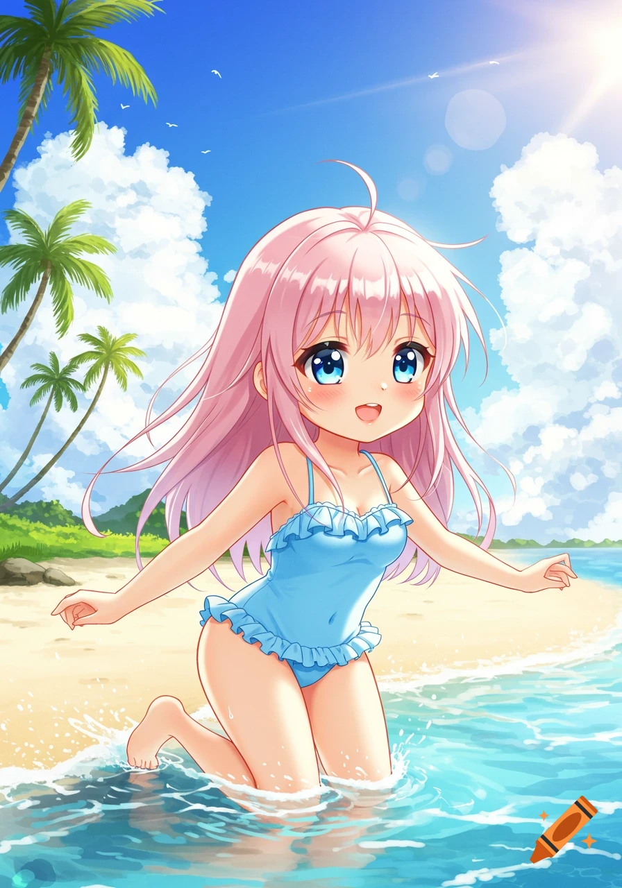 A cute anime girl with pink hair in a blue swimsuit splashes in the water at a sunny beach with palm trees.