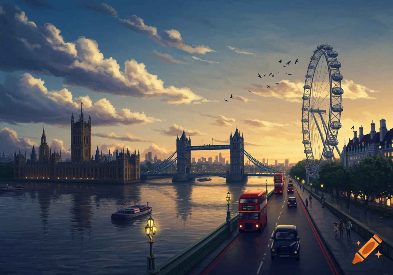 A vibrant, painterly cityscape of London at sunset, featuring the Houses of Parliament, Tower Bridge, London Eye, and double-decker buses.