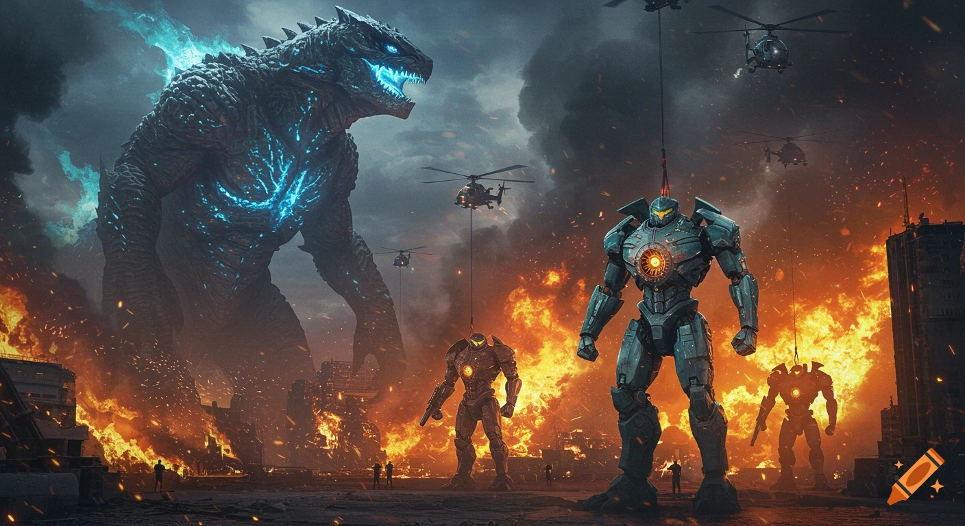 A giant glowing kaiju and several robots (jaegers) stand amidst a burning city as helicopters fly above.