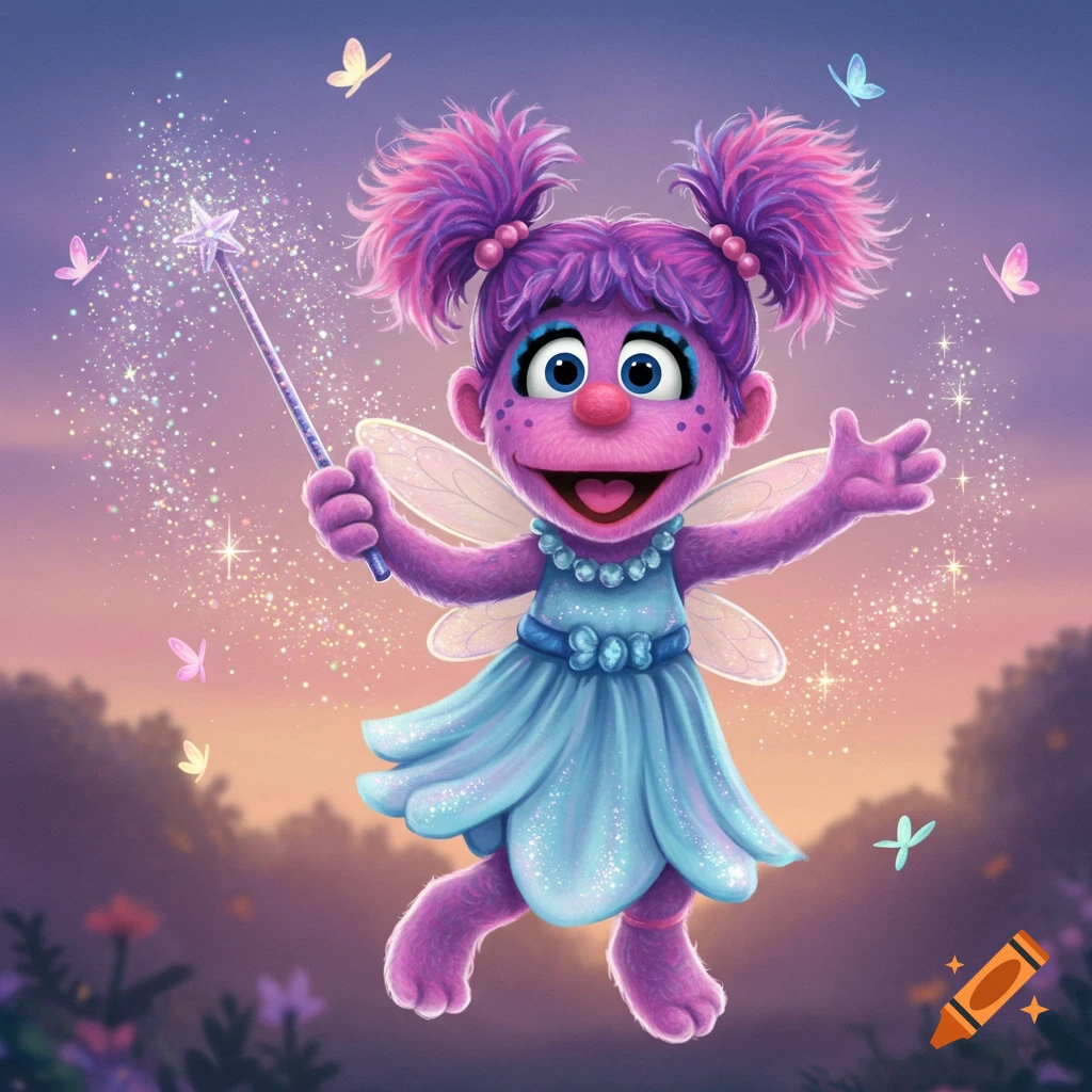 Abby Cadabby, a pink fairy, smiles and waves a magic wand emitting sparkles, surrounded by butterflies in a dreamy, colorful landscape.