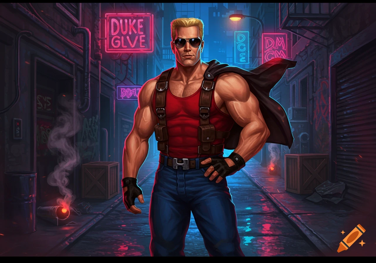 Muscular man resembling Duke Nukem with sunglasses, red tank top, and black cape stands in a neon-lit urban alley.