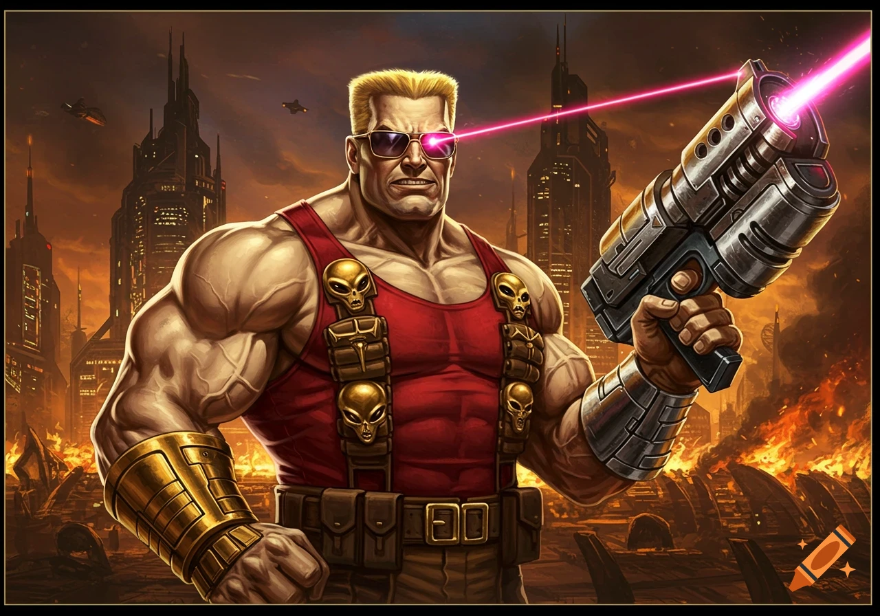 Muscular Duke Nukem with laser eyes and a futuristic gun stands in a destroyed city, stylized.