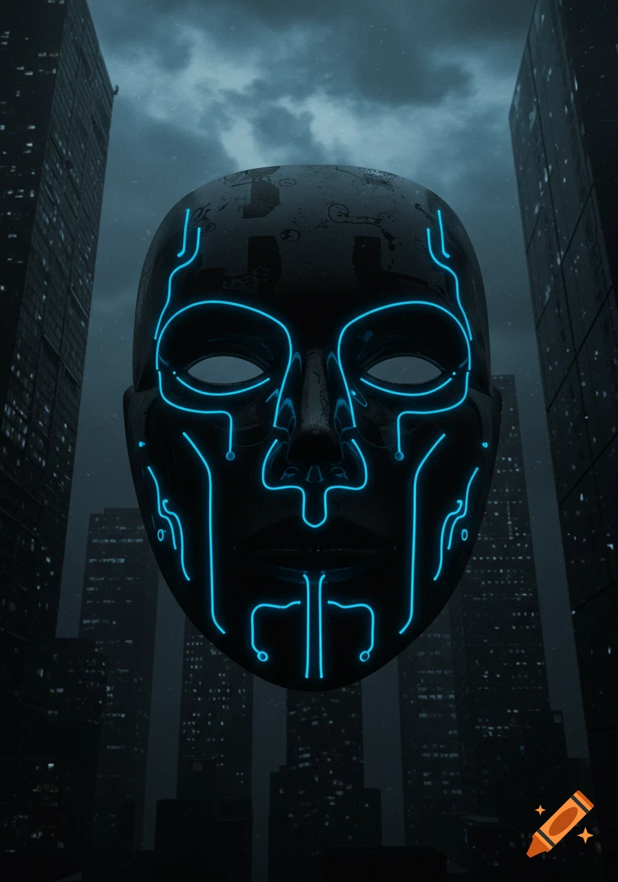 A dark, futuristic mask with glowing blue circuit patterns floating over a gloomy, rainy city skyline.