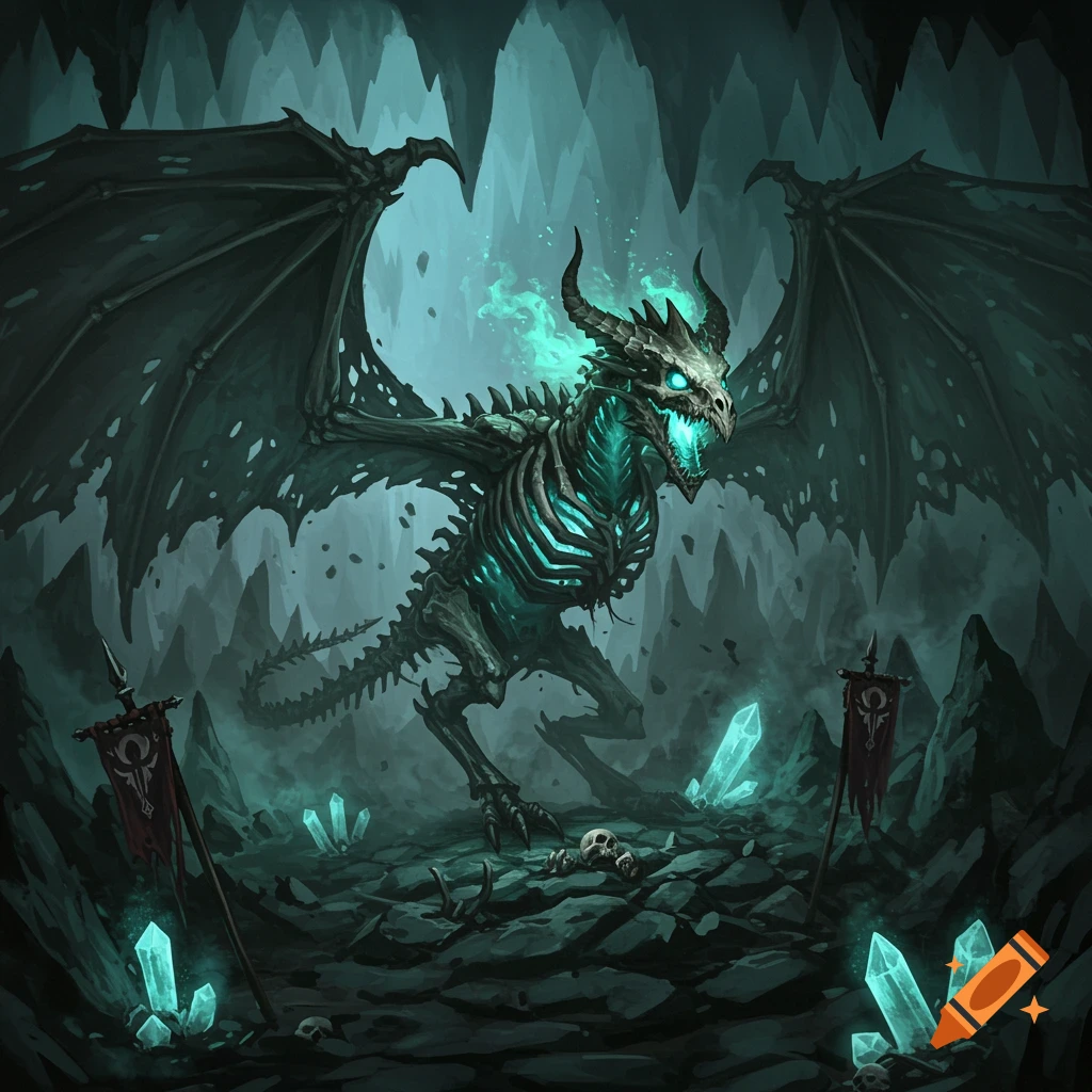 A skeletal dragon with glowing teal energy in its chest and eyes stands in a dark cave surrounded by large glowing crystals.