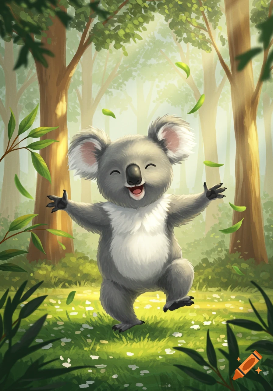 A happy cartoon koala dances joyfully in a sunlit forest with falling green leaves.