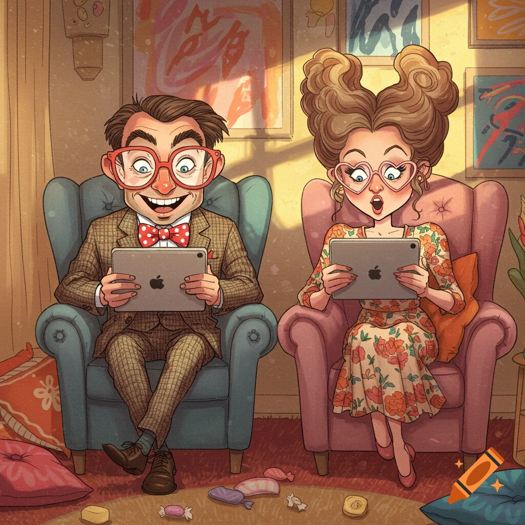 A cartoon couple, a man and a woman, sit in armchairs looking at their tablets in a stylized room.