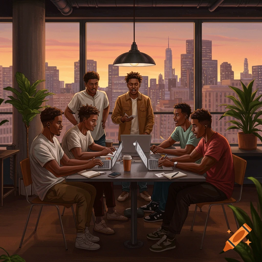 Young black men are working on laptops around a table in a modern office with a city skyline view at sunset, in a digital art style.