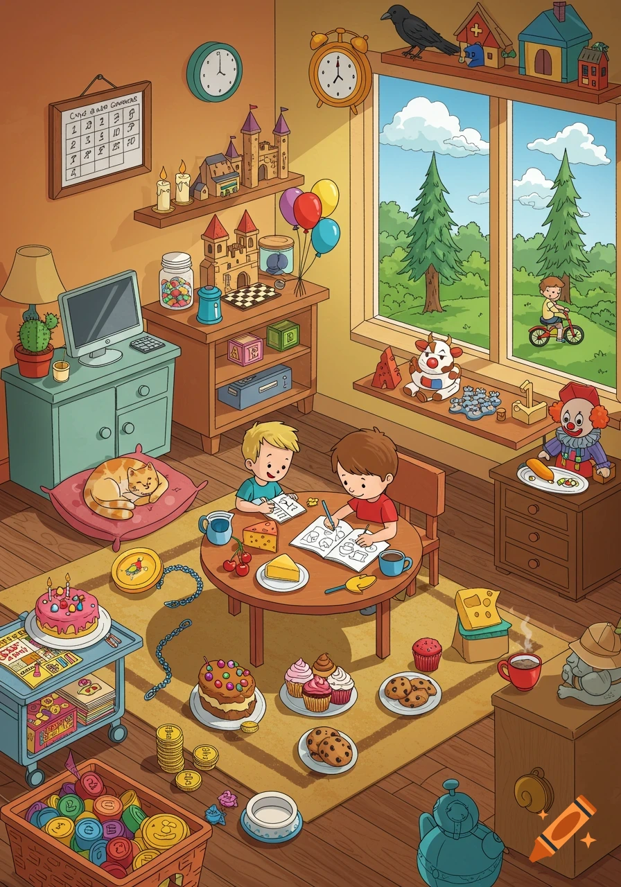 A vibrant cartoon illustration of a messy, playful children's room filled with toys, cakes, and two boys drawing at a table.