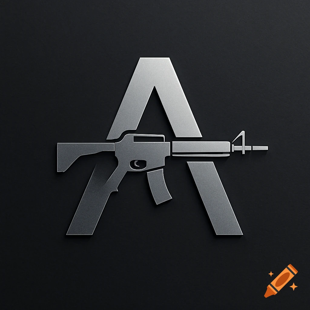 A metallic silver logo featuring the letter A integrated with a modern rifle, set against a dark background.