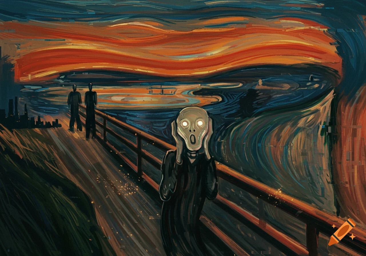 A digital art rendition of Edvard Munch's "The Scream," featuring a robotic figure screaming on a bridge under an orange and red sky.