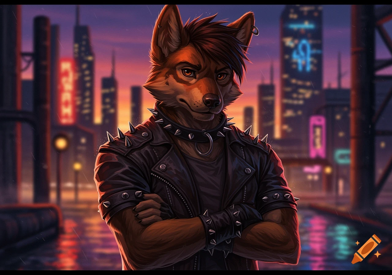 An anthropomorphic dog in a spiked leather jacket and collar, standing in a neon-lit cyberpunk city at dusk.