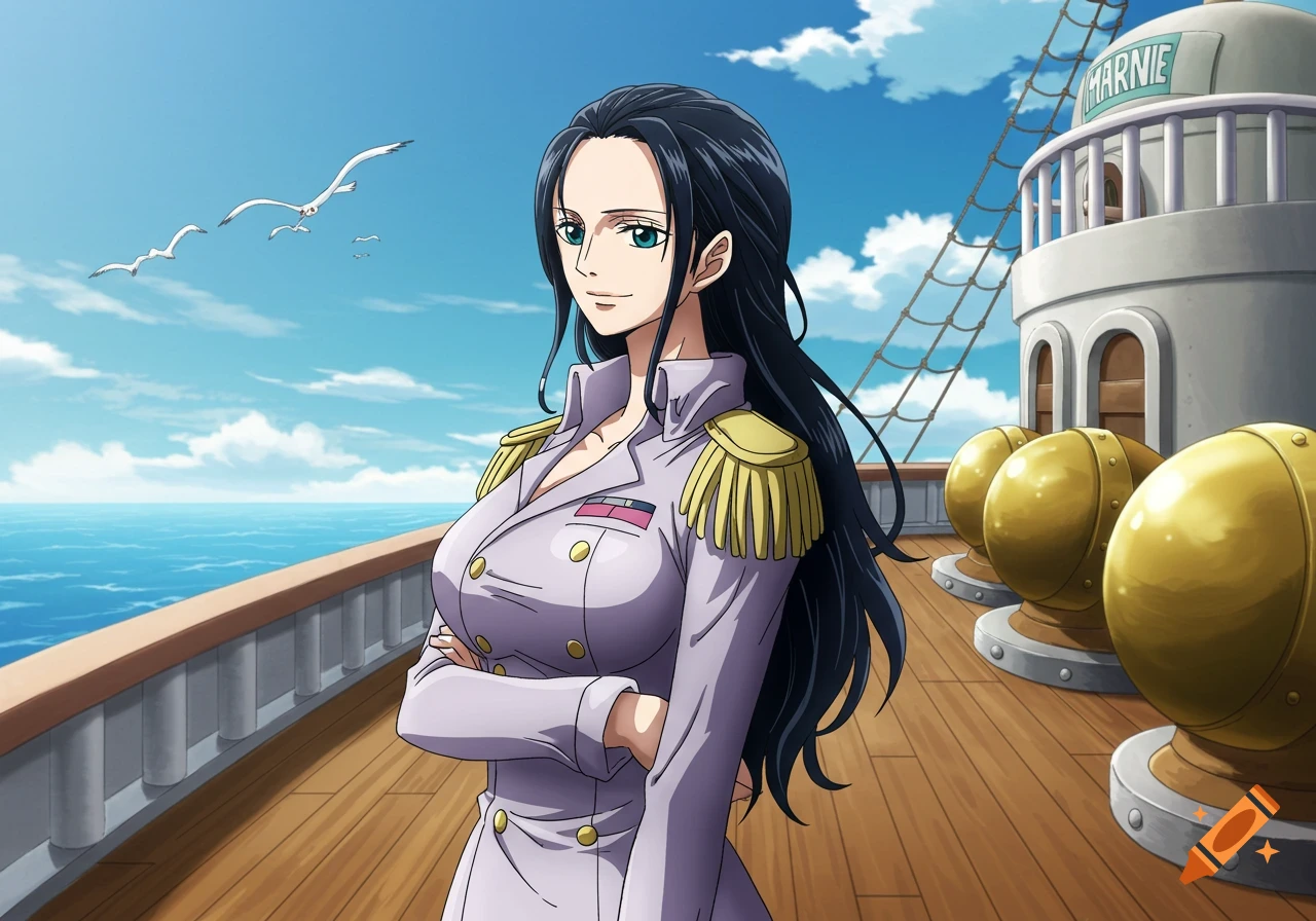 Nico Robin from One Piece in a marine uniform stands on a ship deck with a blue sky and ocean backdrop.