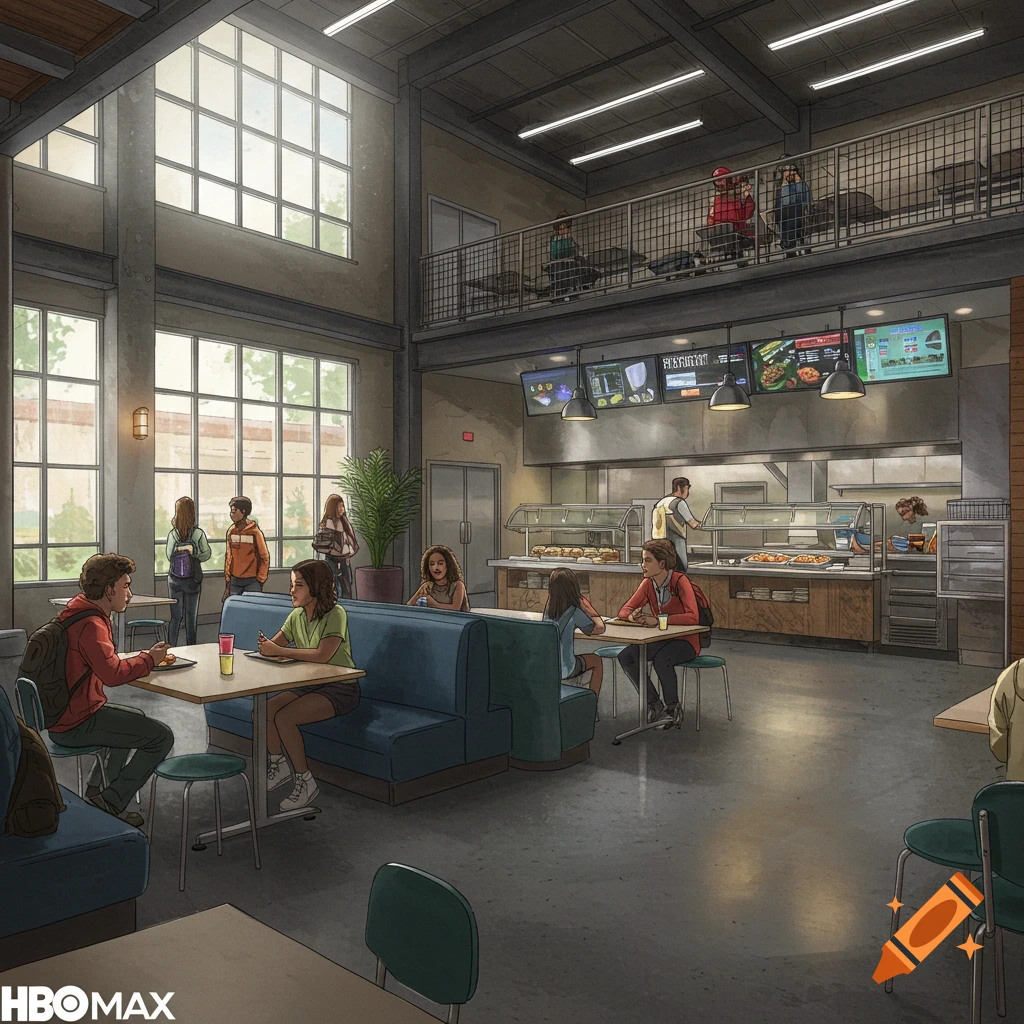 An illustrated busy school cafeteria with students eating at tables and standing near serving counters.