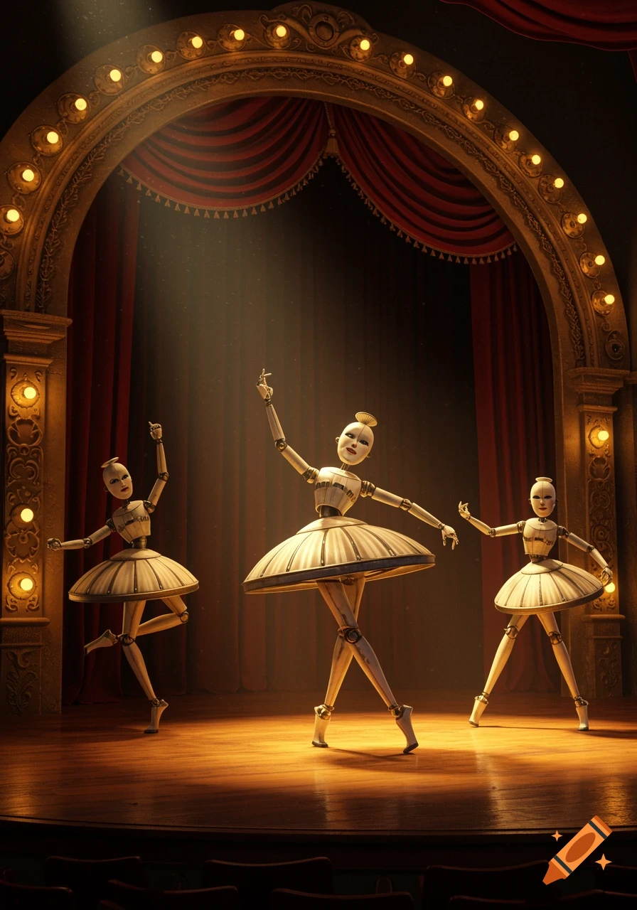 Three photorealistic animatronic ballet dancers perform on a dimly lit wooden stage with red curtains.