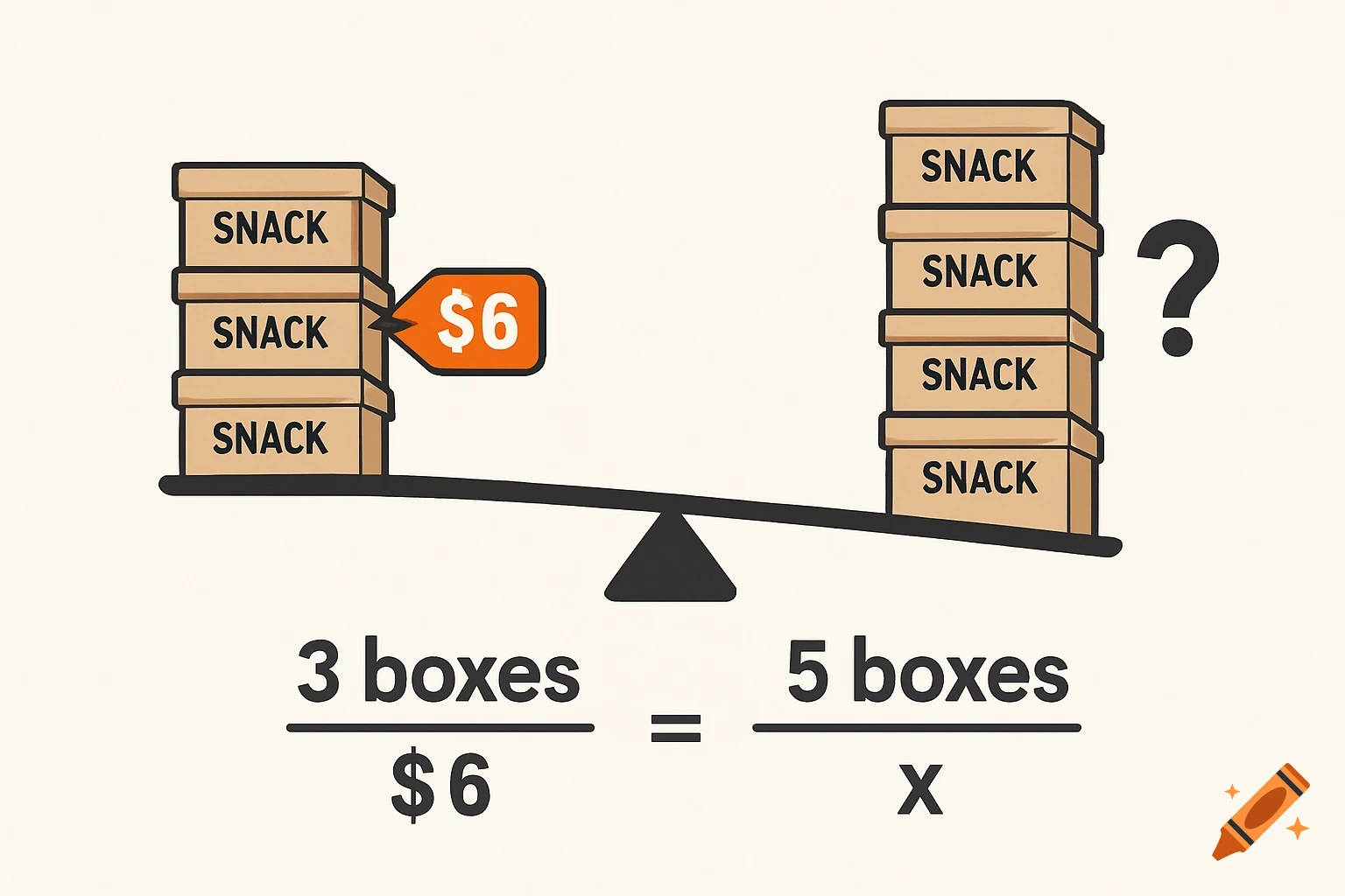 A 2D illustration of a math problem with snack boxes on a balance scale, showing 3 boxes for $6 and an equation for 5 boxes.