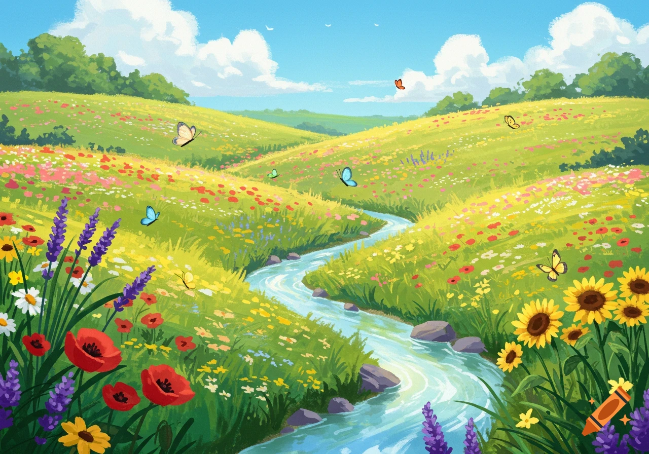 A vibrant illustration of a verdant meadow with a winding stream, wildflowers, and butterflies under a blue sky.