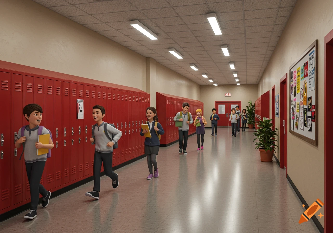 A group of diverse elementary school students walk down a hallway lined with red lockers. The style is 3D animation.