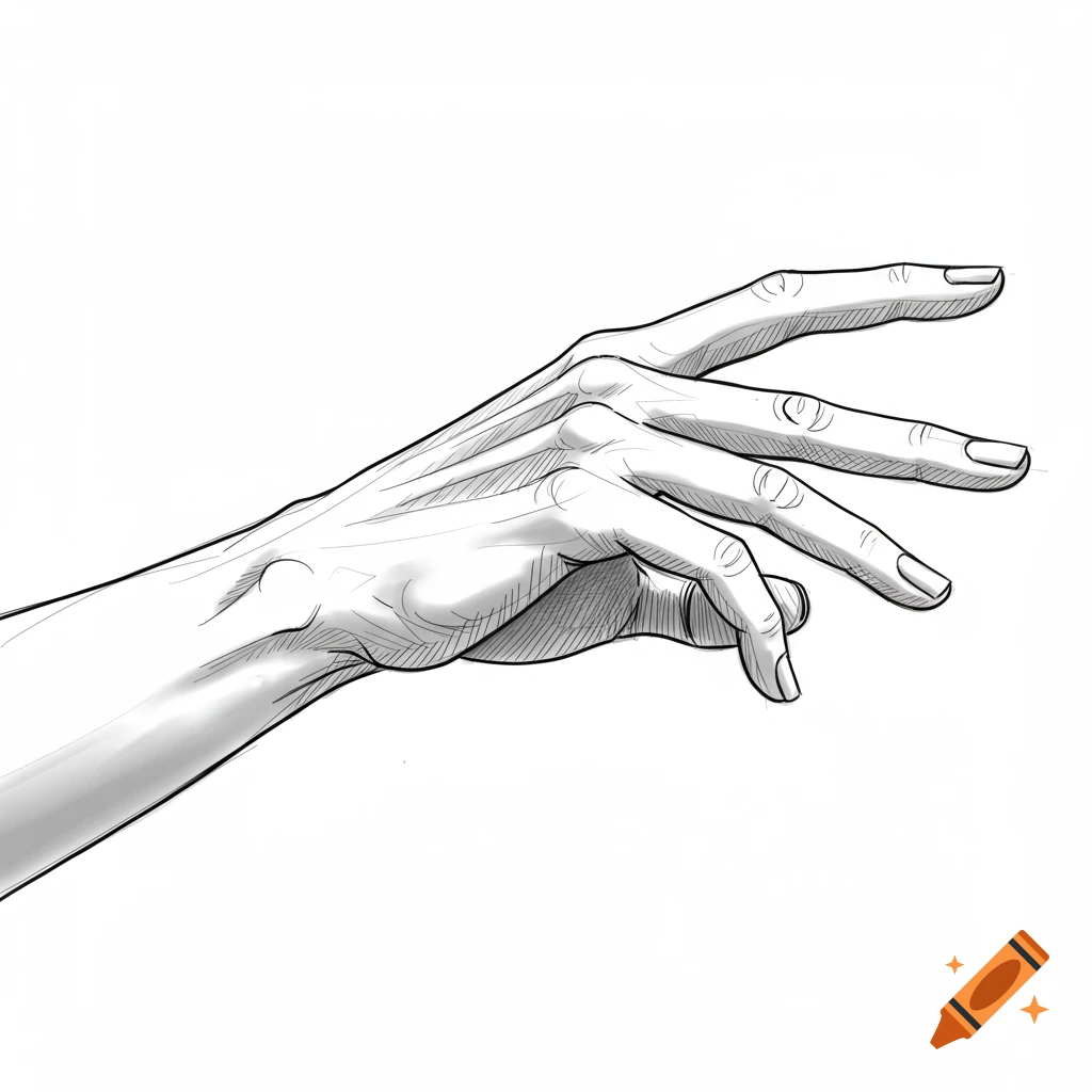 A black and white line drawing of a realistic human hand, viewed from the back, angled diagonally, with detailed tendons and knuckles.