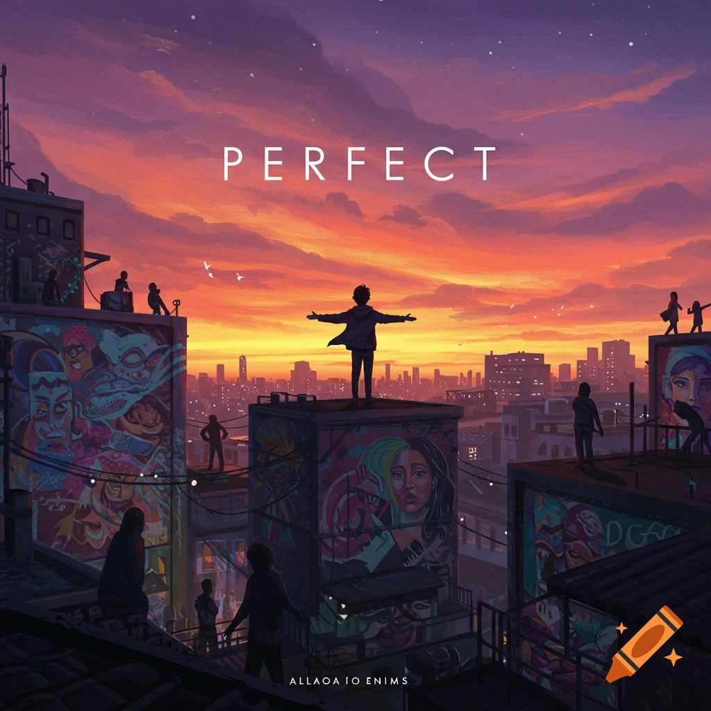 A person with outstretched arms stands on a city rooftop at sunset, surrounded by other figures and graffiti-covered buildings, with 'PERFECT' written in the sky.