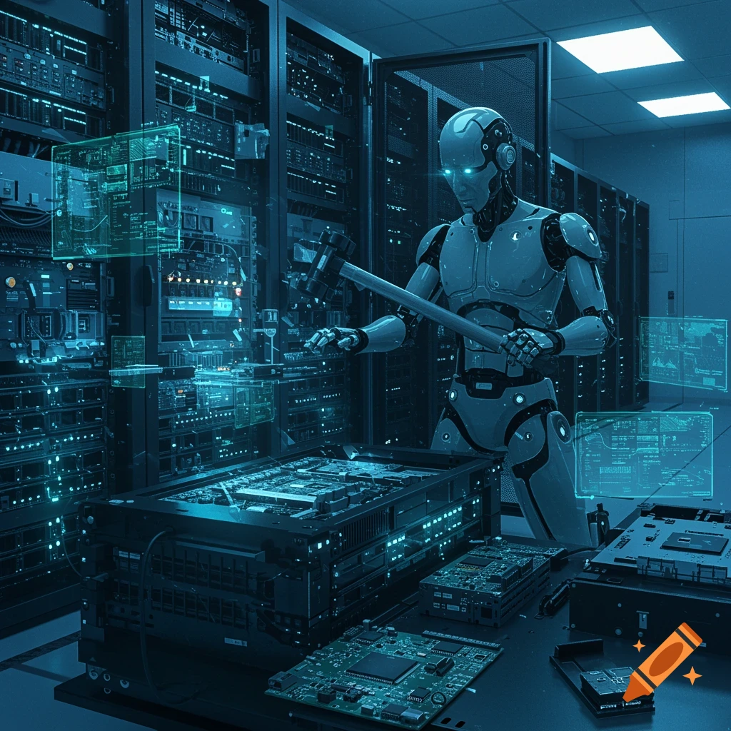 A robotic figure stands in a futuristic server room, holding a hammer over a piece of server hardware, surrounded by glowing data displays.