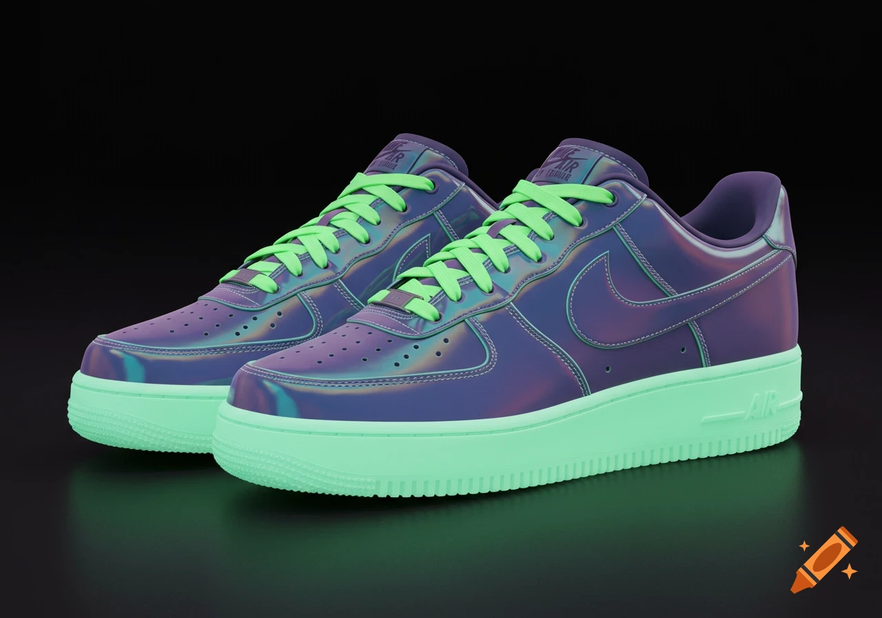 A pair of purple iridescent Nike Air Force 1 sneakers with neon green laces and mint green soles on a dark background.
