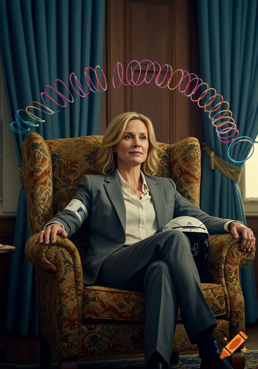 A blonde woman in a gray suit sits in an ornate armchair with a white helmet in her lap, as a colorful slinky floats above her head. The setting is a formal room with blue curtains.