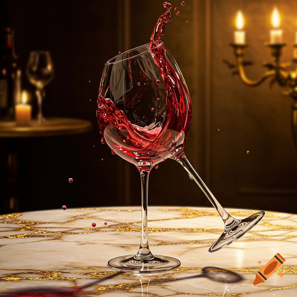 Red wine splashing dynamically from a tipping glass on a gold-veined marble table in a dimly lit room.
