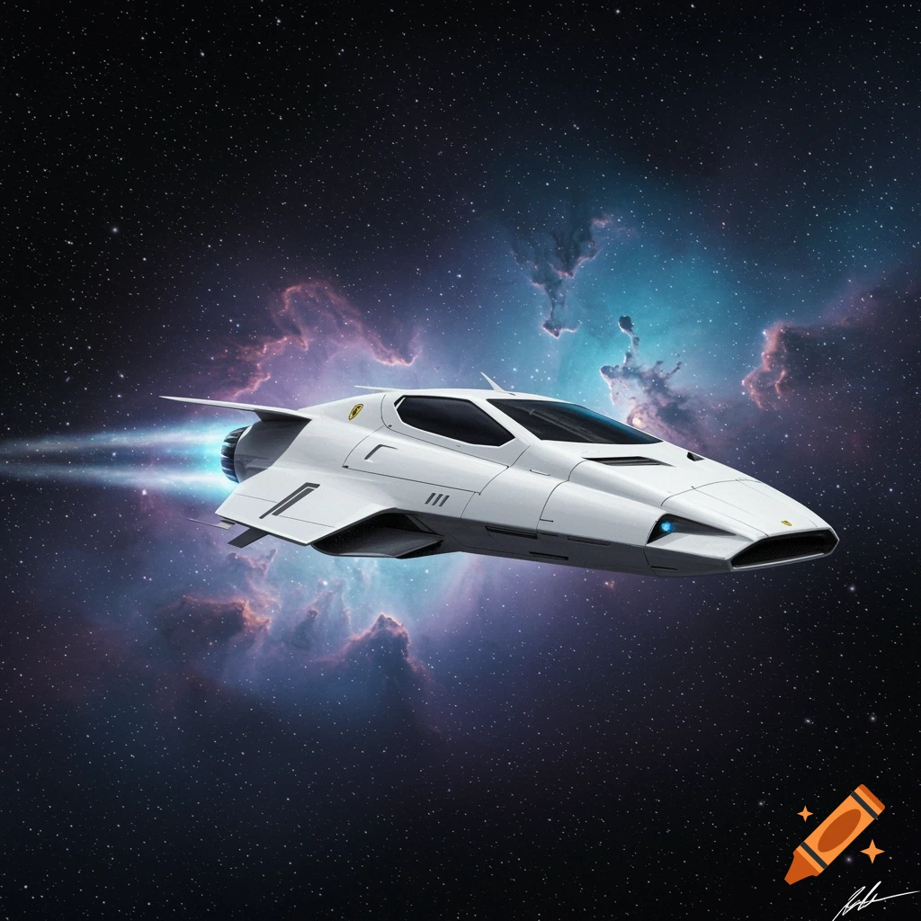 A sleek white space cruiser with a bright exhaust plume flies through a dark starfield with purple and blue nebulae.