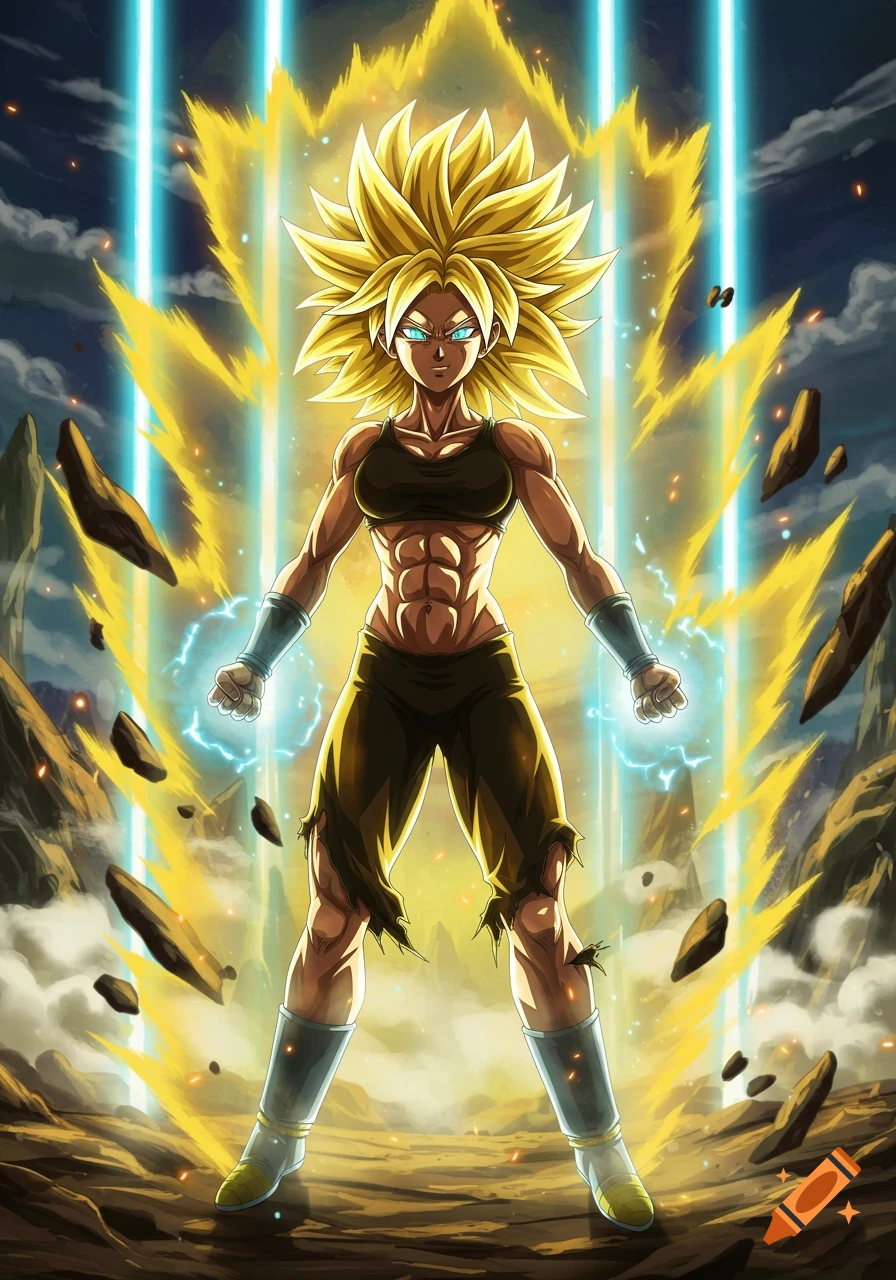 An anime-style woman with spiky golden hair and a muscular physique, glowing with yellow energy, stands in a desolate landscape.