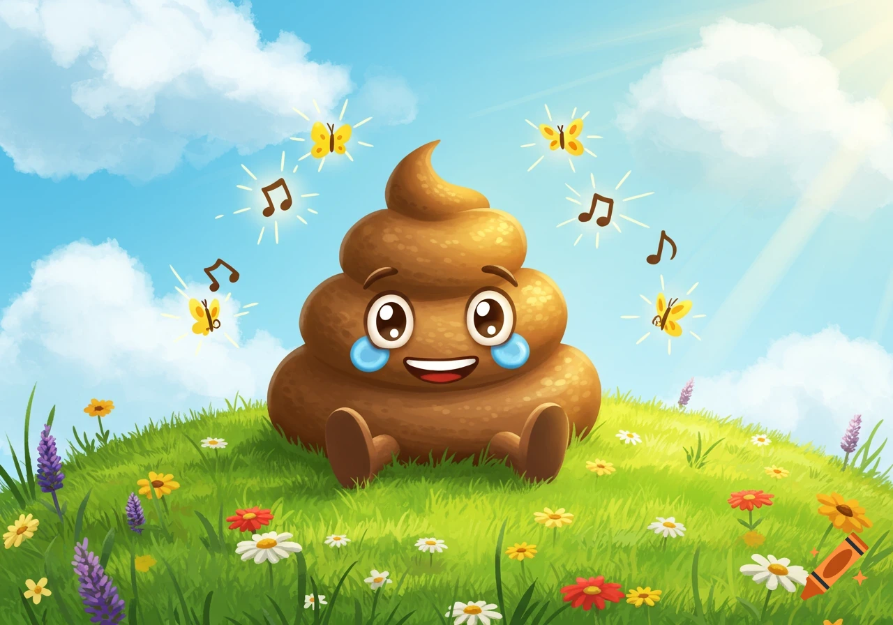 A happy cartoon poop emoji with tears of joy sits on a green hill with flowers, surrounded by glowing musical notes and butterflies under a blue sky.