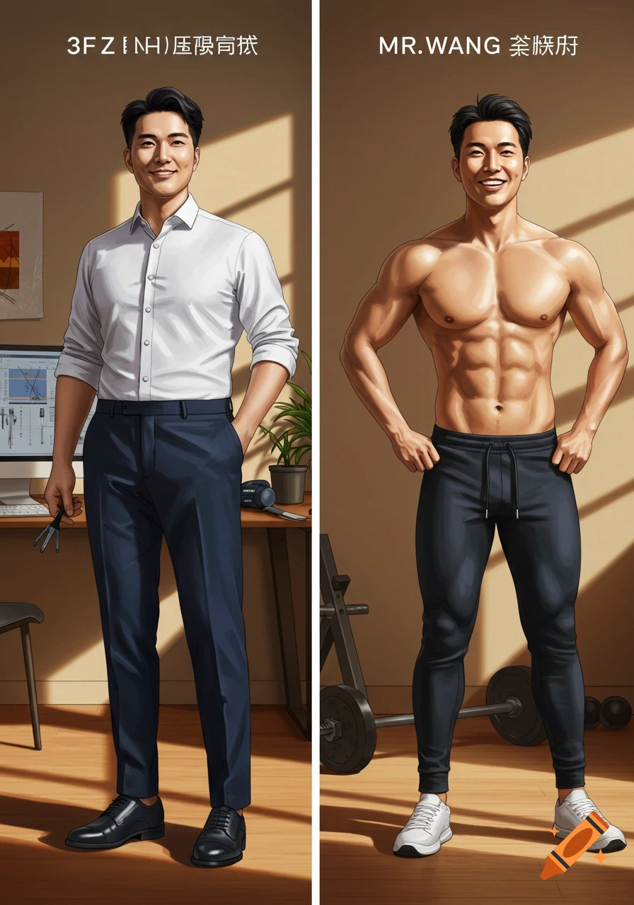 An illustration split into two panels shows two Asian men: on the left, a man in a white shirt and dark pants stands by a desk; on the right, a muscular man in dark athletic pants stands in a gym setting.