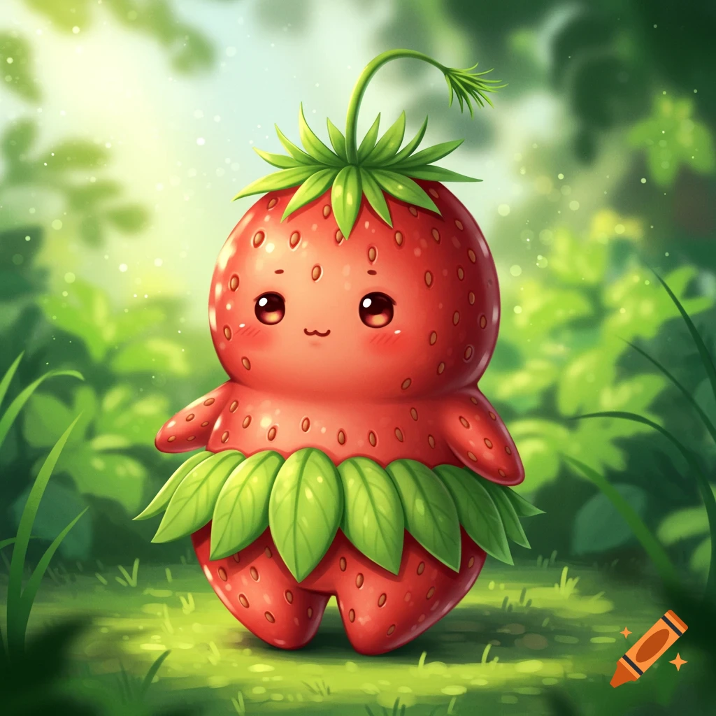 Cute anime-style strawberry character with leafy skirt and blushing cheeks standing in a vibrant green forest.