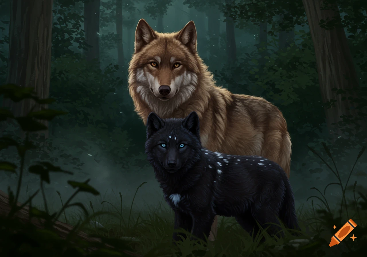 A brown wolf stands behind a black wolf with blue eyes and white spots in a dark, stylized forest.