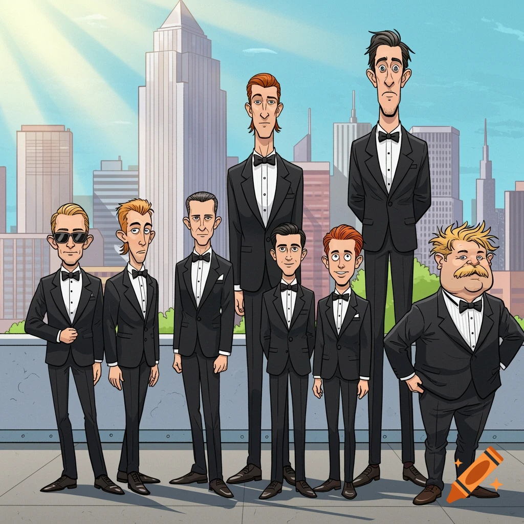 Seven cartoon men in black tuxedos standing on a rooftop with a city skyline in the background. They have varied heights, hairstyles, and builds, with one wearing sunglasses and another in a comedically baggy suit.