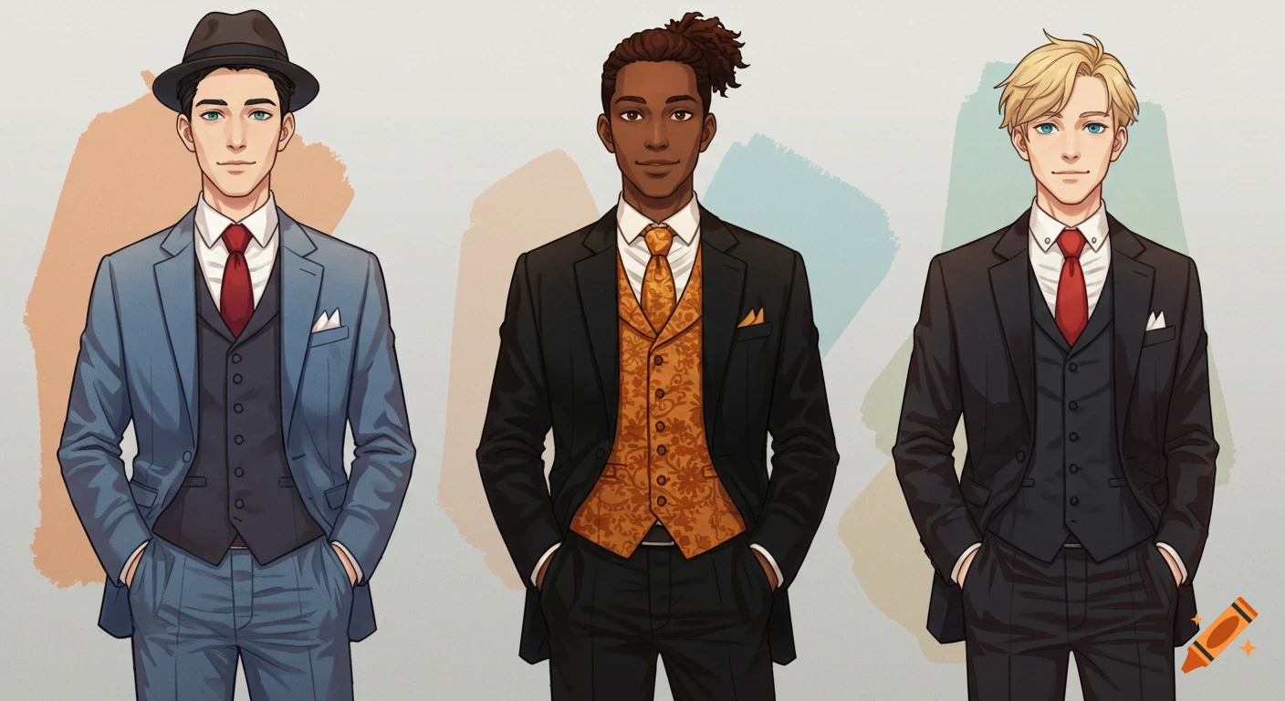 Three cartoon-style young men in suits. Left in blue suit and fedora, middle in black suit and orange waistcoat, right in black suit with red tie.
