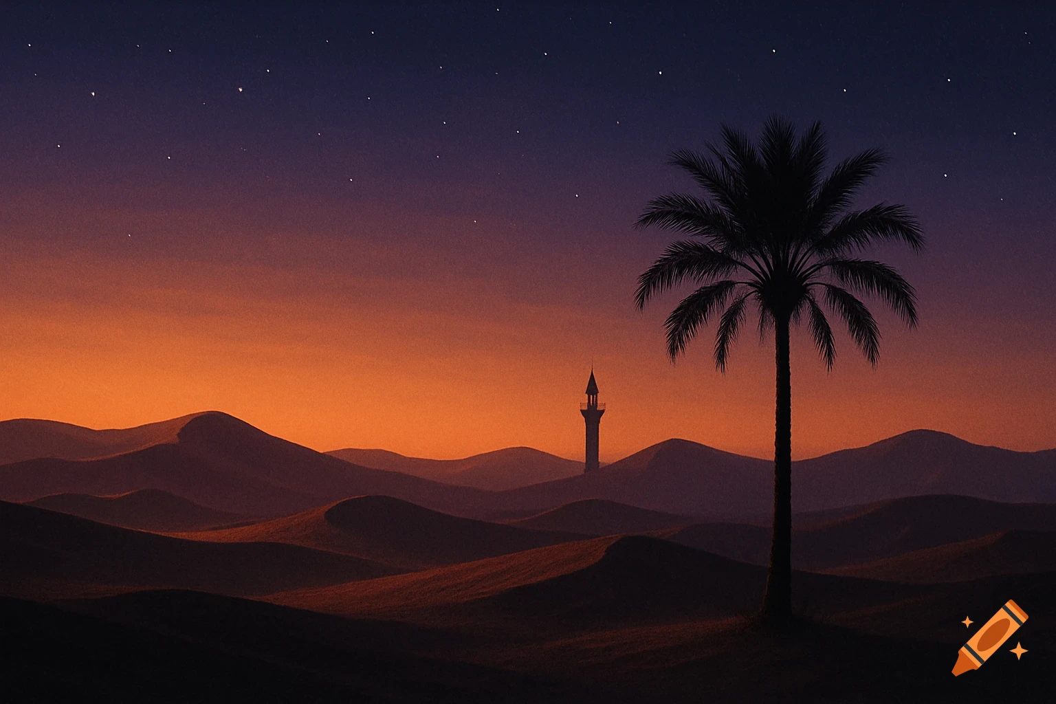 Silhouette of a palm tree and a minaret in a desert landscape at sunset with a starry sky.