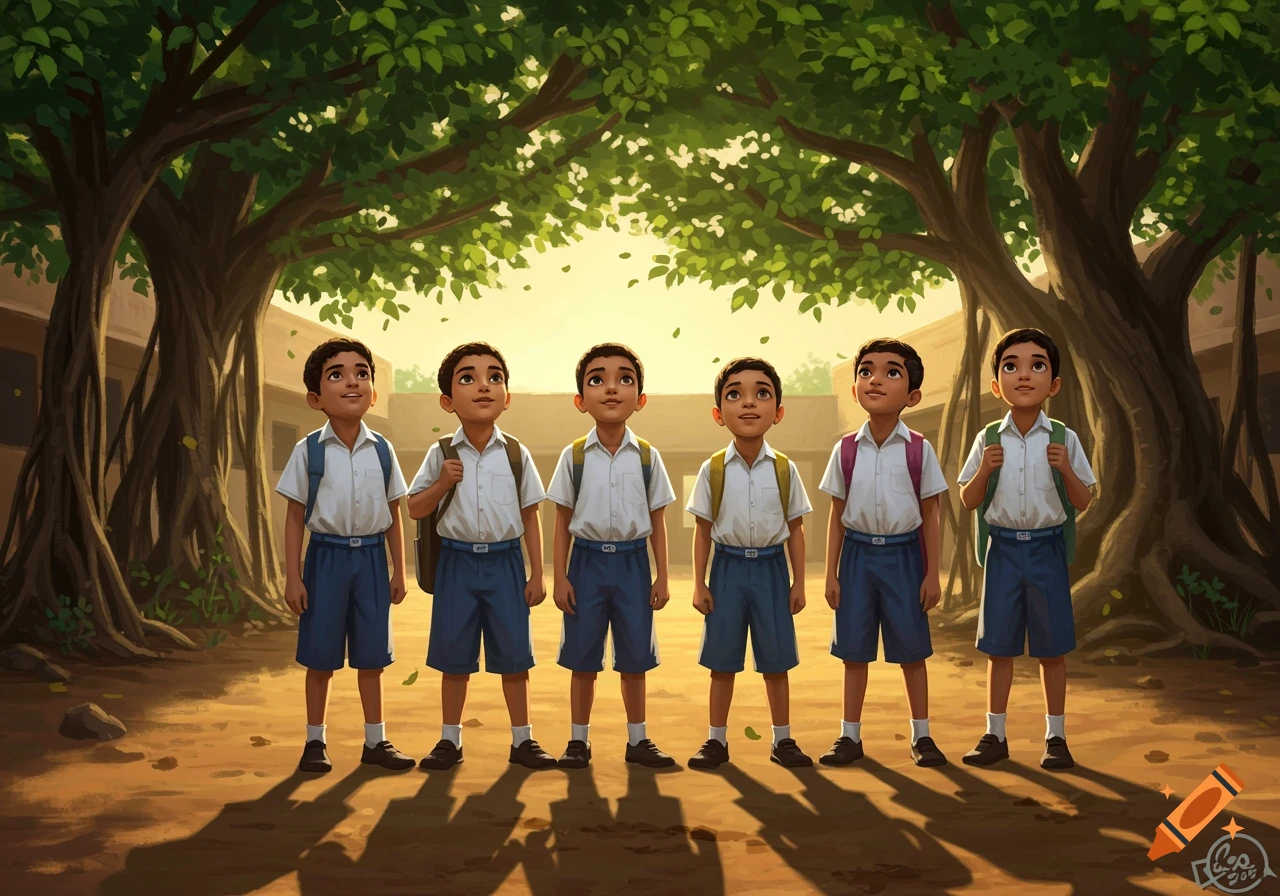Six young Indian boys in school uniforms with backpacks stand under large trees, looking up in an illustrated style.