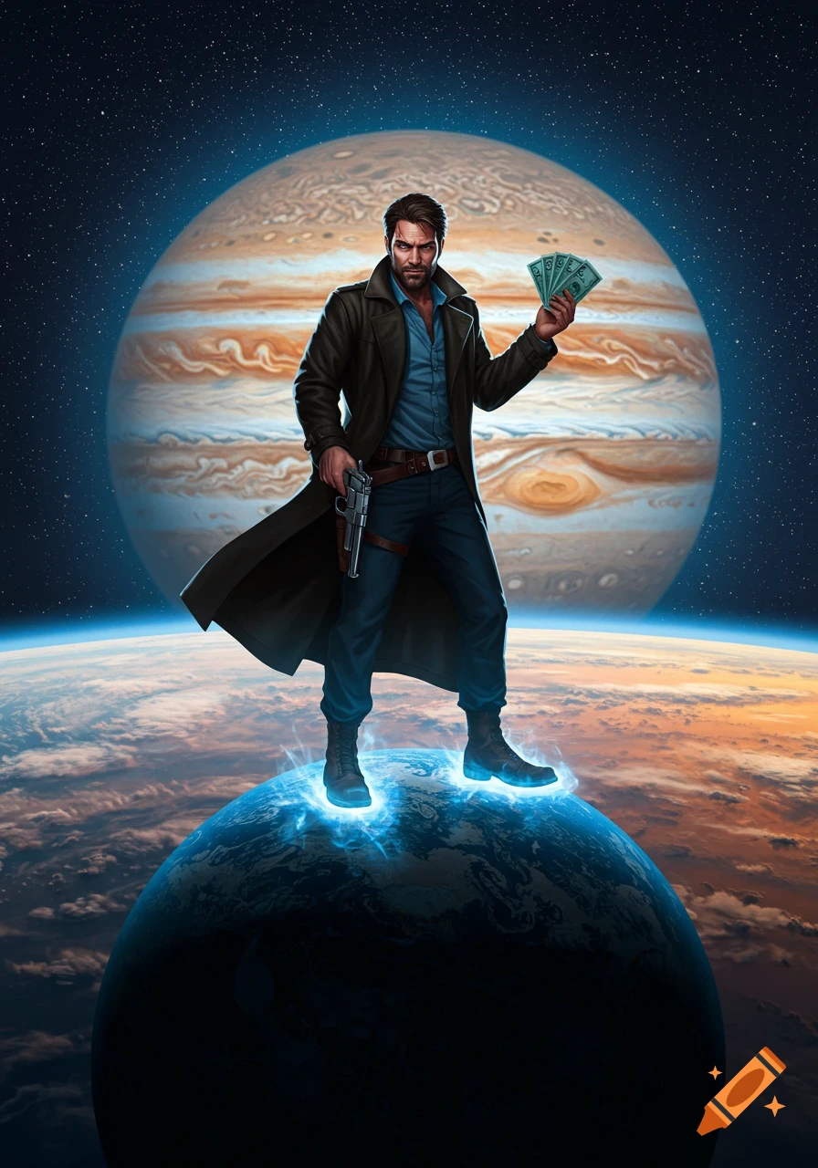 A man in a trench coat stands on a planet, holding money and a gun, with Jupiter in the background. Digital art.
