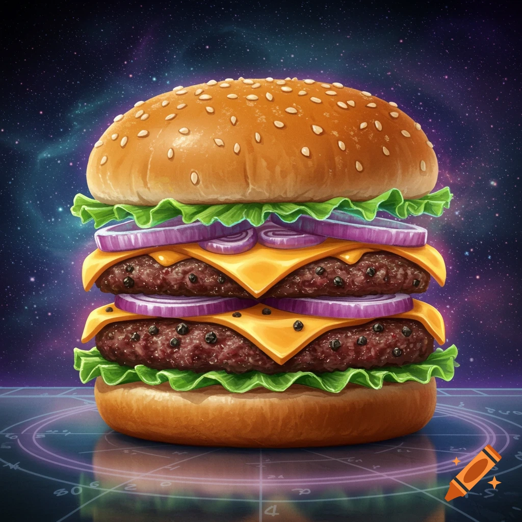 A stylized double cheeseburger with lettuce and red onions floats in a cosmic space scene with glowing symbols on a reflective surface below.