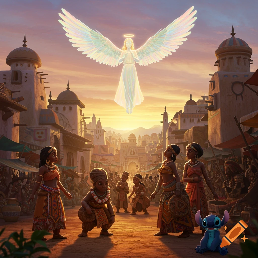 An ethereal angel hovers over an African-inspired city at sunset, as people and Stitch look up in awe.