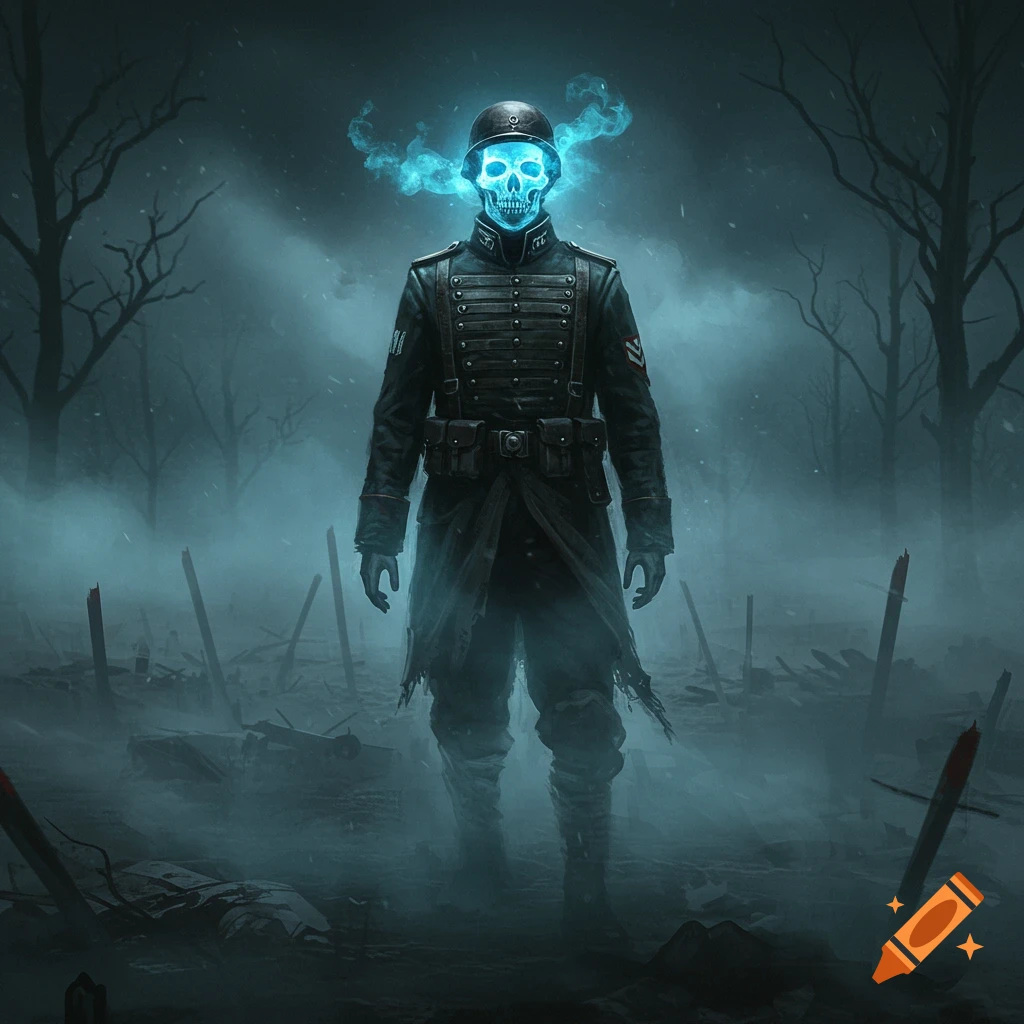 A glowing blue skull in a dark military uniform stands in a foggy, war-torn landscape with dead trees.