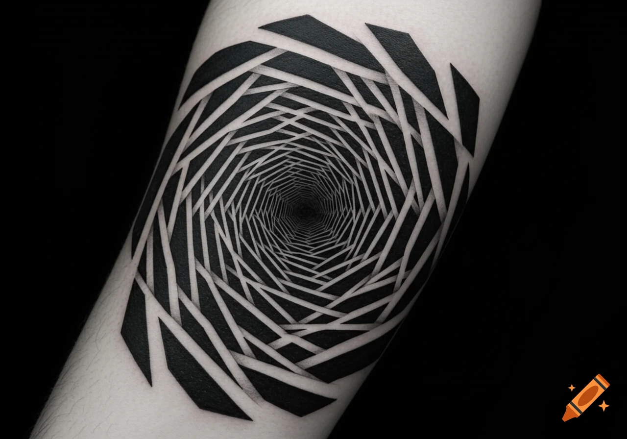 A black and white tattoo of a geometric optical illusion forming a swirling tunnel on an arm.