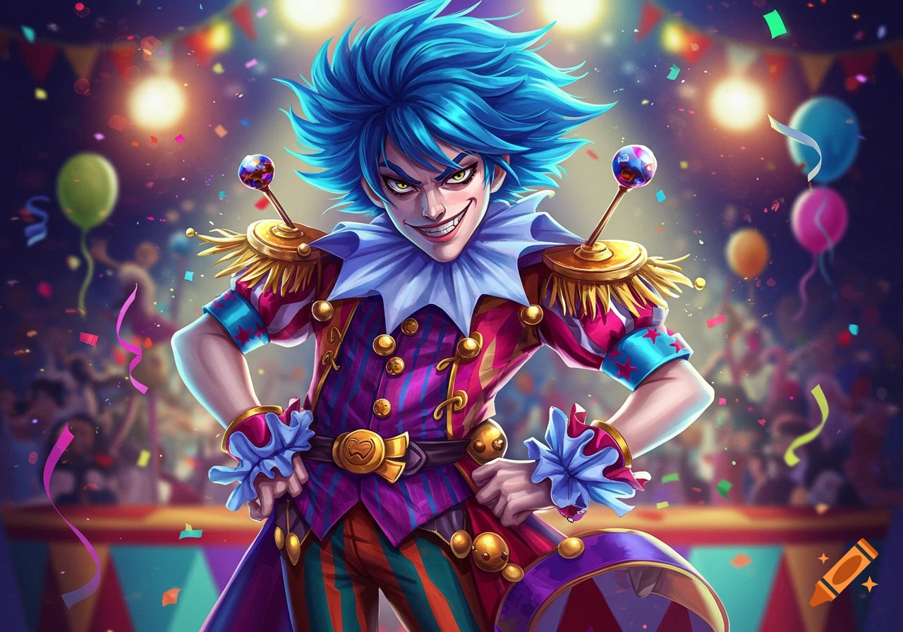 A vibrant anime-style jester with spiky blue hair and a mischievous grin stands in a confetti-filled circus.